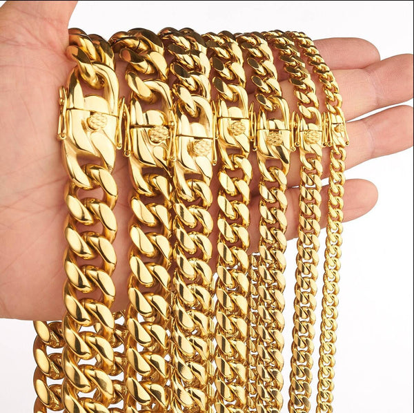 16/18/20/22MM Gold Plated Stainless Steel Men's Cuban Chain Tap Clasp Necklance