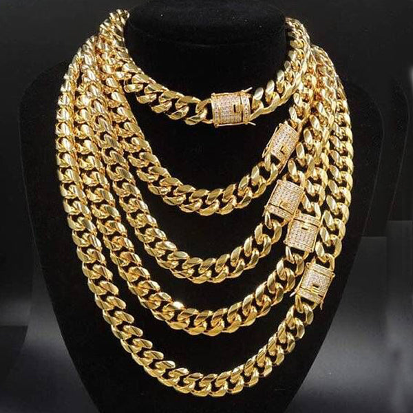 Mens Miami Cuban Link Chain 18K Gold Stainless Steel Curb Necklace with cz Diamond Chain Choker