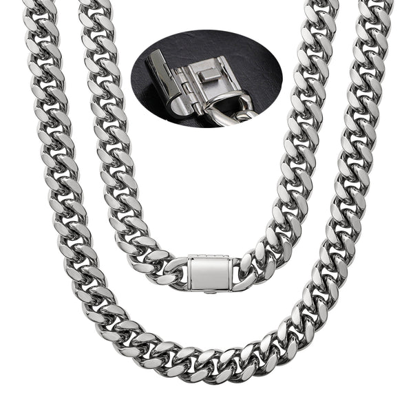 Silver Polish Box Lock Stainless Steel Men Fashion Cuban Chain Necklance Bracelet