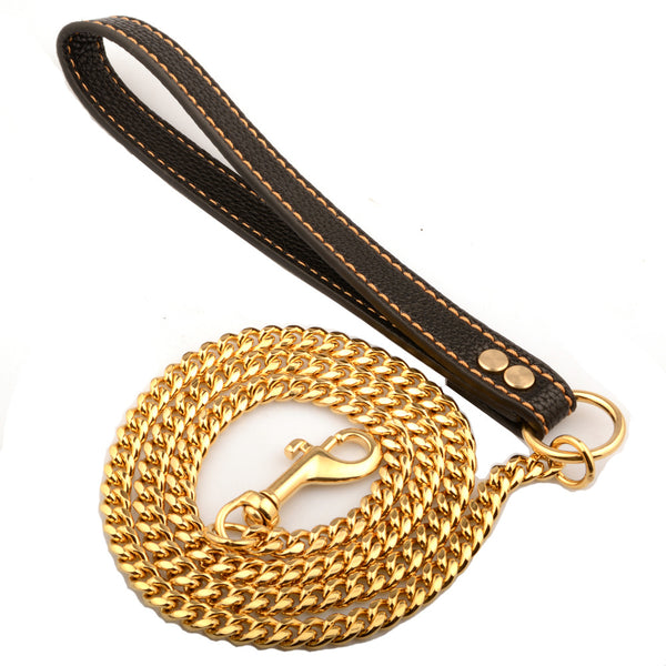 10mm 18K Gold Plated Stainless Steel Miami Chain with PU Leather Handle Dog Leash