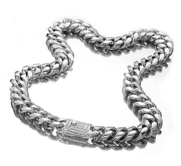 Mens Miami Cuban Link Chain White Stainless Steel Curb Necklace with cz Diamond Chain Choker