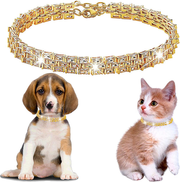 Dog Chain Collar Cubic Zironia Bling Collar for Puppy Kitty Gold Adjustable Cat Collar with Iced Out Crystal Stones Watch Band