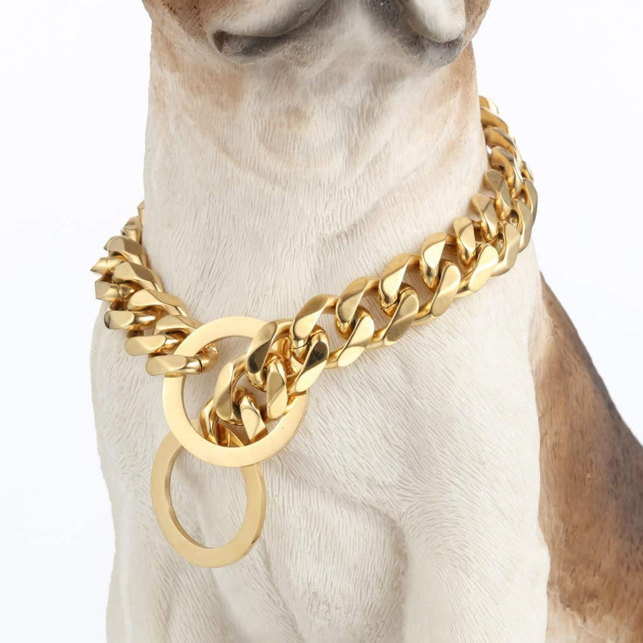 Dog Chain Collar Walking Metal Chain Collar Heavy Duty Chew Proof 19MM 14K Gold Plated Stainless Steel Link Chain for Small Medium Large Dogs