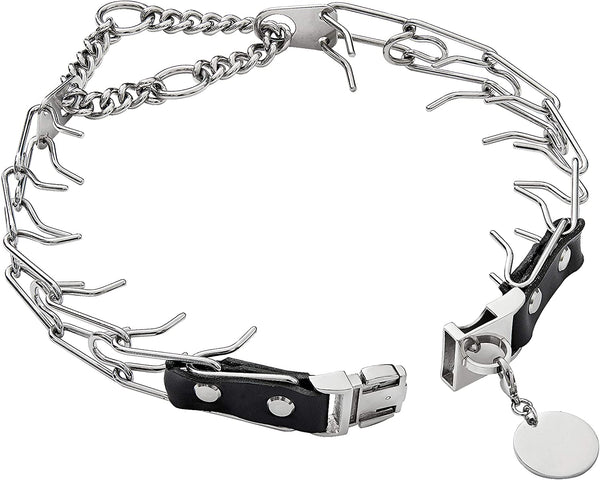 Chain Collar with Buckle Quick Release Adjustable Chrome Stainless Steel Dog Chain with Genuine Leather Connect and Dog Tag for Medium Large Dogs