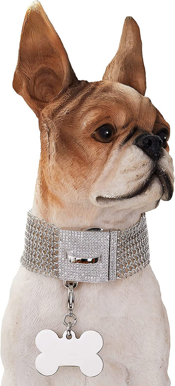 Dog Chain Collar Necklace 18K White Gold Plated Stainless Steel Chain Collarwith Bling Bling CZ Design Secure Buckle, 30MM Strong Chew Proof Anti-Rust for Medium Large Dogs