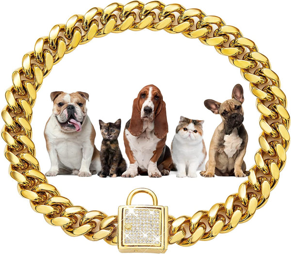 14MM Dog Chain Collar Walking Metal Dog Collar with Bling Bling CZ Buckle, Gold Cuban Link Strong Heavy Duty Chew Proof for Small Medium Large Dogs American Pitbull German Shepherd