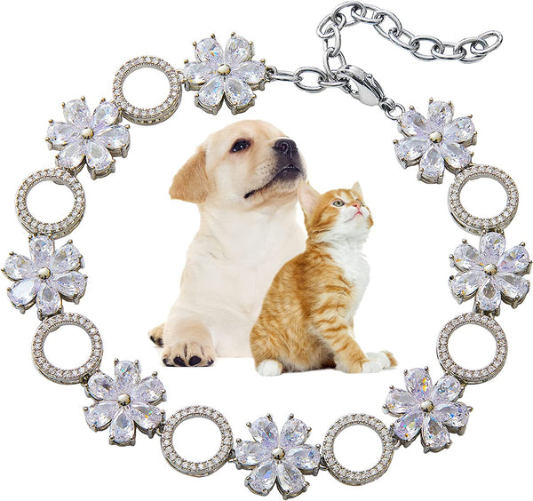 Dog Chain Collar Cubic Zironia Bling Collar for Puppy Kitty Gold Adjustable Cat Collar with Iced Out Crystal Stones Sun Flower