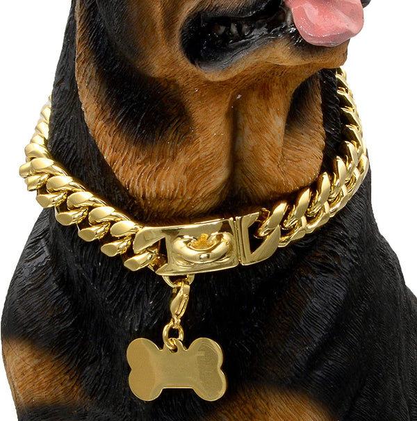 Gold Dog Chain Collar Walking Metal Chain Collar with Design Secure Buckle,18K Cuban Link 14MM Strong Heavy Duty Chew Proof for Medium Large Dogs