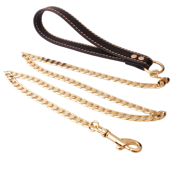 12mm 100cm 18K Gold Stainless Steel Curb Chain Pet Dog Leash Leather Handle