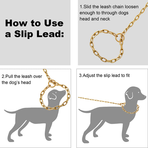 Stainless Steel Gold Chain Dog Leash Leather Handle Training Slip P Choke  Collar